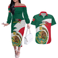 Personalised Mexico Independence Day Couples Matching Off The Shoulder Long Sleeve Dress and Hawaiian Shirt Mexican Aztec Pattern - Wonder Print Shop