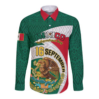 Personalised Mexico Independence Day Long Sleeve Button Shirt Mexican Aztec Pattern - Wonder Print Shop