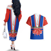 Personalised Chile Independence Day Couples Matching Off The Shoulder Long Sleeve Dress and Hawaiian Shirt Chilean Bellflower - Wonder Print Shop