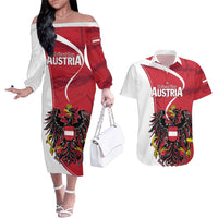Personalized Austria National Day Couples Matching Off The Shoulder Long Sleeve Dress and Hawaiian Shirt Republik Osterreich Black Eagle - Wonder Print Shop