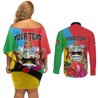 Personalised Barbuda Couples Matching Off Shoulder Short Dress and Long Sleeve Button Shirt Frigate Bird Tropical Style