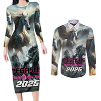 Personalized Pegasus Horse Racing 2025 Couples Matching Long Sleeve Bodycon Dress and Long Sleeve Button Shirt Soar to Victory