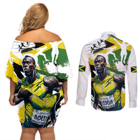 Jamaica Couples Matching Off Shoulder Short Dress and Long Sleeve Button Shirt Proud to be Lightning Bolt - Wonder Print Shop