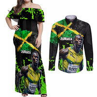 Jamaica Lightning Bolt Couples Matching Off Shoulder Maxi Dress and Long Sleeve Button Shirt Proud of Jumieka Splash Style Black Color - Wonder Print Shop