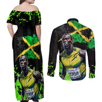 Jamaica Lightning Bolt Couples Matching Off Shoulder Maxi Dress and Long Sleeve Button Shirt Proud of Jumieka Splash Style Black Color - Wonder Print Shop