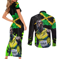 Jamaica Lightning Bolt Couples Matching Short Sleeve Bodycon Dress and Long Sleeve Button Shirt Proud of Jumieka Splash Style Black Color - Wonder Print Shop