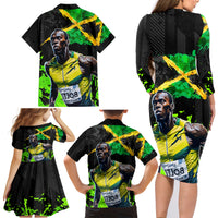 Jamaica Lightning Bolt Family Matching Long Sleeve Bodycon Dress and Hawaiian Shirt Proud of Jumieka Splash Style Black Color - Wonder Print Shop