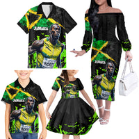 Jamaica Lightning Bolt Family Matching Off The Shoulder Long Sleeve Dress and Hawaiian Shirt Proud of Jumieka Splash Style Black Color - Wonder Print Shop