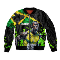 Jamaica Lightning Bolt Sleeve Zip Bomber Jacket Proud of Jumieka Splash Style Black Color - Wonder Print Shop