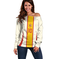 Custom Spain National Football Off Shoulder Sweater Pinstripe Flag with Royal Crest