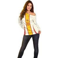 Custom Spain National Football Off Shoulder Sweater Pinstripe Flag with Royal Crest