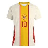 Custom Spain National Football Women V-Neck T-Shirt Pinstripe Flag with Royal Crest