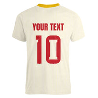Custom Spain National Football Women V-Neck T-Shirt Pinstripe Flag with Royal Crest