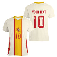 Custom Spain National Football Women V-Neck T-Shirt Pinstripe Flag with Royal Crest