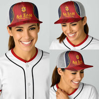 Spain La Roja Football Baseball Net Cap Vintage Gothic Typography And Royal Crest Pinstripe Design