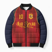 Custom Spain La Roja Football Bomber Puffer Jacket Gothic Typography Royal Crest Pinstripe