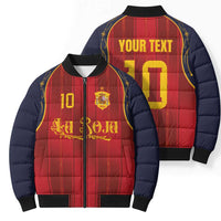 Custom Spain La Roja Football Bomber Puffer Jacket Gothic Typography Royal Crest Pinstripe