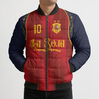 Custom Spain La Roja Football Bomber Puffer Jacket Gothic Typography Royal Crest Pinstripe