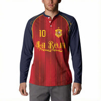 Custom Spain La Roja Football Button Sweatshirt Gothic Typography Royal Crest Pinstripe