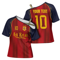 Custom Spain La Roja Football Cross Shoulder Shirt Gothic Typography Royal Crest Pinstripe