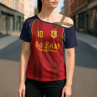 Custom Spain La Roja Football Cross Shoulder Shirt Gothic Typography Royal Crest Pinstripe