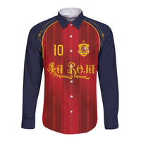 Custom Spain La Roja Football Long Sleeve Button Shirt Gothic Typography Royal Crest Pinstripe