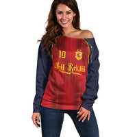Custom Spain La Roja Football Off Shoulder Sweater Gothic Typography Royal Crest Pinstripe