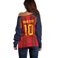 Custom Spain La Roja Football Off Shoulder Sweater Gothic Typography Royal Crest Pinstripe