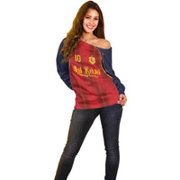 Custom Spain La Roja Football Off Shoulder Sweater Gothic Typography Royal Crest Pinstripe
