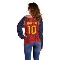 Custom Spain La Roja Football Off Shoulder Sweater Gothic Typography Royal Crest Pinstripe