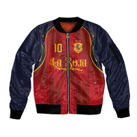 Custom Spain La Roja Football Sleeve Zip Bomber Jacket Gothic Typography Royal Crest Pinstripe