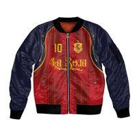 Custom Spain La Roja Football Sleeve Zip Bomber Jacket Gothic Typography Royal Crest Pinstripe