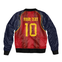 Custom Spain La Roja Football Sleeve Zip Bomber Jacket Gothic Typography Royal Crest Pinstripe