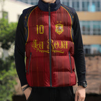 Custom Spain La Roja Football Sleeveless Puffer Jacket Gothic Typography Royal Crest Pinstripe