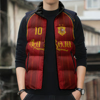 Custom Spain La Roja Football Sleeveless Puffer Jacket Gothic Typography Royal Crest Pinstripe
