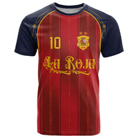 Custom Spain La Roja Football T Shirt Gothic Typography Royal Crest Pinstripe