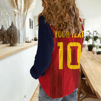Custom Spain La Roja Football Women Casual Shirt Gothic Typography Royal Crest Pinstripe