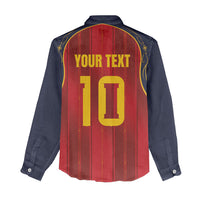 Custom Spain La Roja Football Women Casual Shirt Gothic Typography Royal Crest Pinstripe