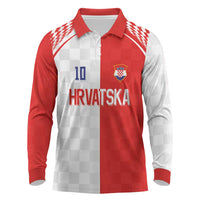 Custom Croatia Hrvatska Football Long Sleeve Polo Shirt Halftone Checkerboard National Crest