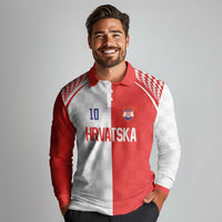 Custom Croatia Hrvatska Football Long Sleeve Polo Shirt Halftone Checkerboard National Crest