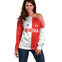 Custom Croatia Hrvatska Football Off Shoulder Sweater Halftone Checkerboard National Crest
