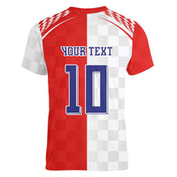Custom Croatia Hrvatska Football Women V-Neck T-Shirt Halftone Checkerboard National Crest