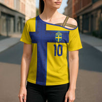 Custom Sweden Sverige Football Cross Shoulder Shirt Nordic Cross Pattern With Traditional Sverige Heritage Crest