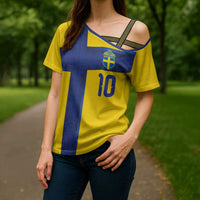Custom Sweden Sverige Football Cross Shoulder Shirt Nordic Cross Pattern With Traditional Sverige Heritage Crest