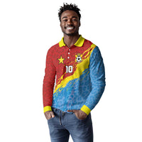 Custom DR Congo Leopards Football Long Sleeve Polo Shirt Abstract Leopard Pattern With National Colors And Crest