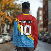 Custom DR Congo Leopards Football Long Sleeve Shirt Abstract Leopard Pattern With National Colors And Crest