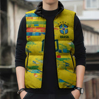 Custom Brasil Football Sleeveless Puffer Jacket Abstract Art Inspired Rio Mosaic Steps