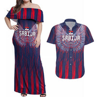 Custom Serbia Sport Fan Jersey Couples Matching Off Shoulder Maxi Dress and Hawaiian Shirt Eagle Wings with Sporty Stripes Style - Wonder Print Shop