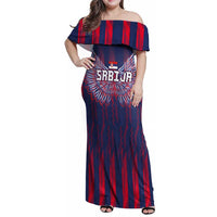 Custom Serbia Sport Fan Jersey Family Matching Off Shoulder Maxi Dress and Hawaiian Shirt Eagle Wings with Sporty Stripes Style - Wonder Print Shop