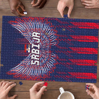Serbia Sport Fan Jersey Puzzle Eagle Wings with Sporty Stripes Style - Wonder Print Shop